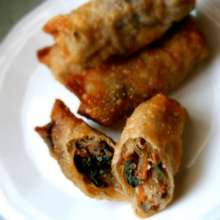 Vegetarian spring rolls with crispy wonton wrappers and savory vegetable filling.