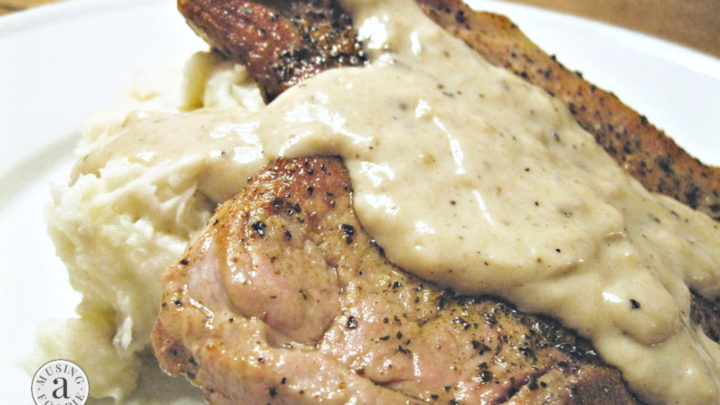These juicy, savory, tender seared pork chops with a simple pan gravy are ready in fewer than fifteen minutes!