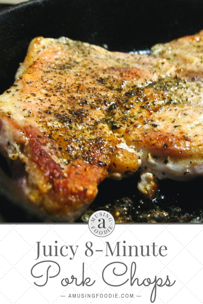 Pork chops seared in a cast iron pan and ready in under fifteen minutes.