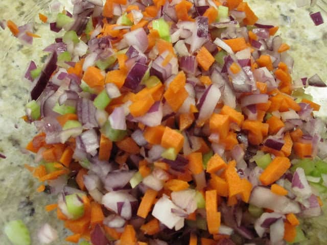 Soffritto (a.k.a. mirepoix or "the holy trinity"), with onions, celery and carrots, is the base of this spaghetti with a sweet bell pepper sauce, and many Italian, Spanish and French recipes.