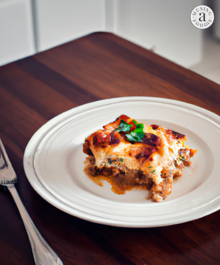 Slice of hearty beef lasagna on a white plate on top of a wooden table.