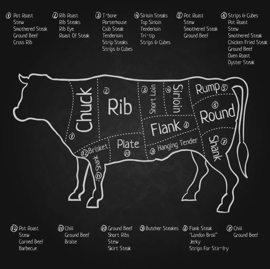 Diagram of cuts of beef on a cow, with recipe options for each cut labeled.