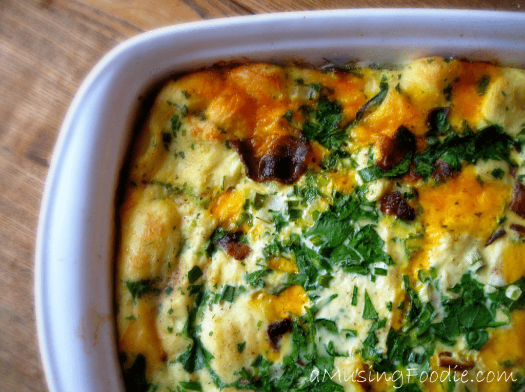 This spinach, bacon and egg breakfast casserole is a great make-ahead meal to serve for breakfast on a holiday or vacation morning!