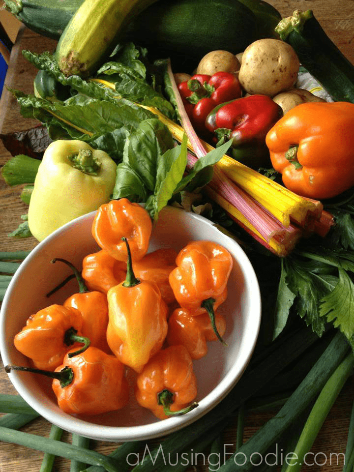 Peppers, rainbow chard, potatoes, and zucchini sitting on a wooden table. Orange peppers are in a white bowl.