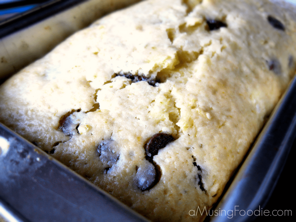 Up close shot of chocolate lime zucchini bread cooling in the loaf pan.