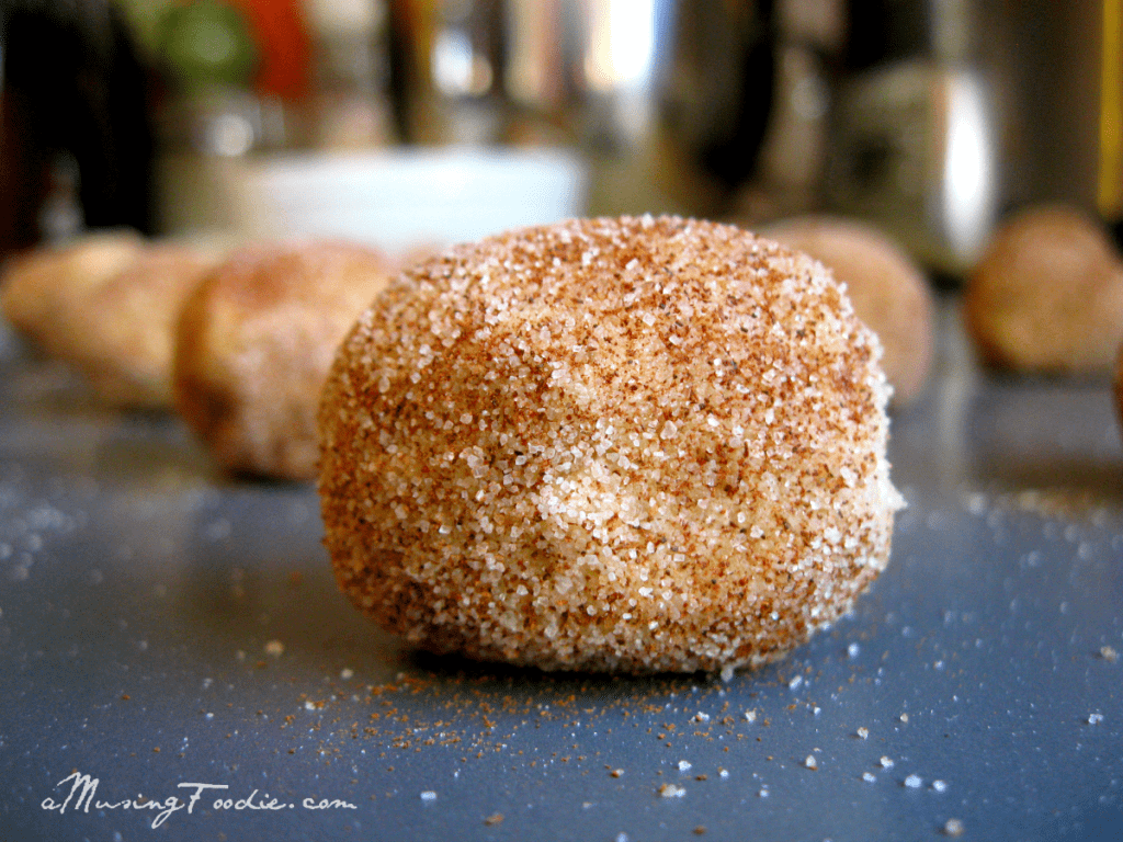 Close up of a ball of cookie dough coated in cinnamon-sugar.