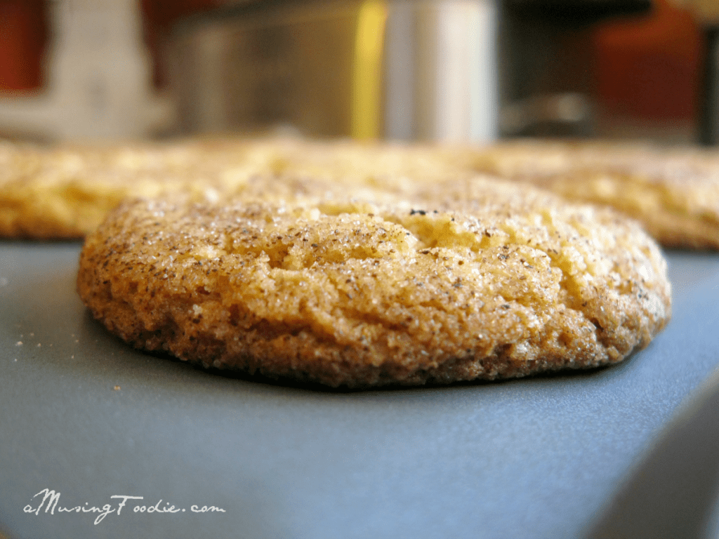 Close up side shot of a freshly baked Snickerdoodle cookie on a baking sheet.