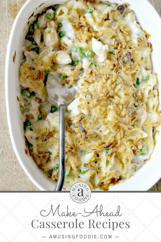 Chicken noodle casserole in a serving dish