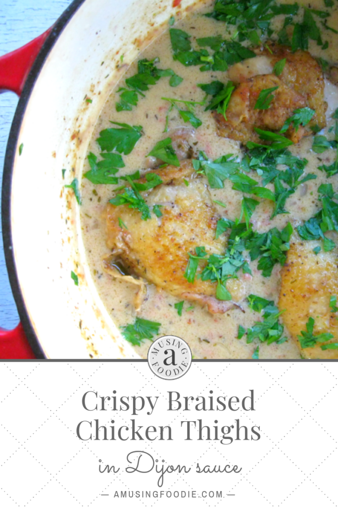 These mouthwatering crispy braised chicken thighs in Dijon sauce were adapted from Melissa d'Arabian's recipe "Chicken in Mustard."