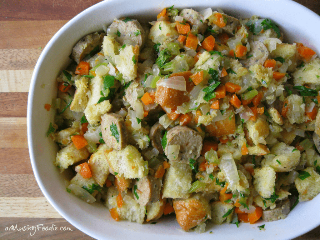 This warm and comforting vegetarian sausage stuffing will please a crowd!