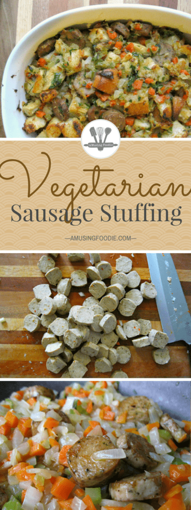 This warm and comforting vegetarian sausage stuffing will please a crowd! #vegetarian #vegetarianstuffing #thanksgivingsides