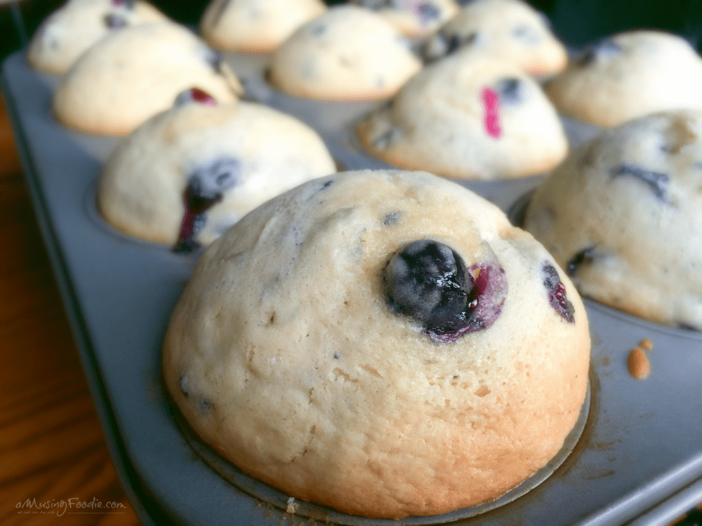 Close up shot of blueberry muffins in a tin.