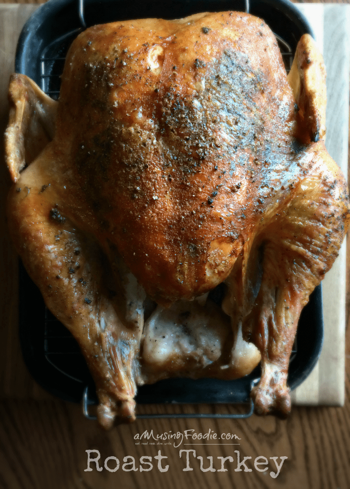 Roast turkey with crispy skin for Thanksgiving.