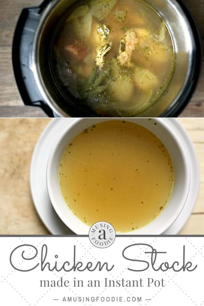 Chicken stock just finished in the Instant Pot pressure cooker and served in a bowl.