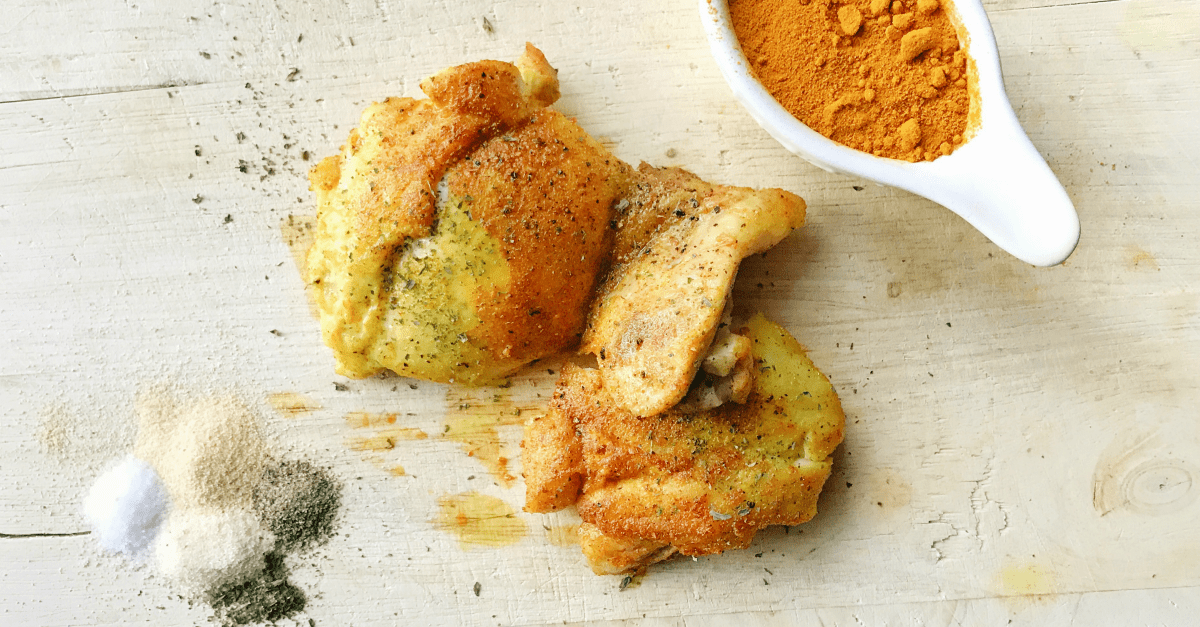 These seared turmeric chicken thighs are ready in 15 minutes and full of deep and savory flavor!
