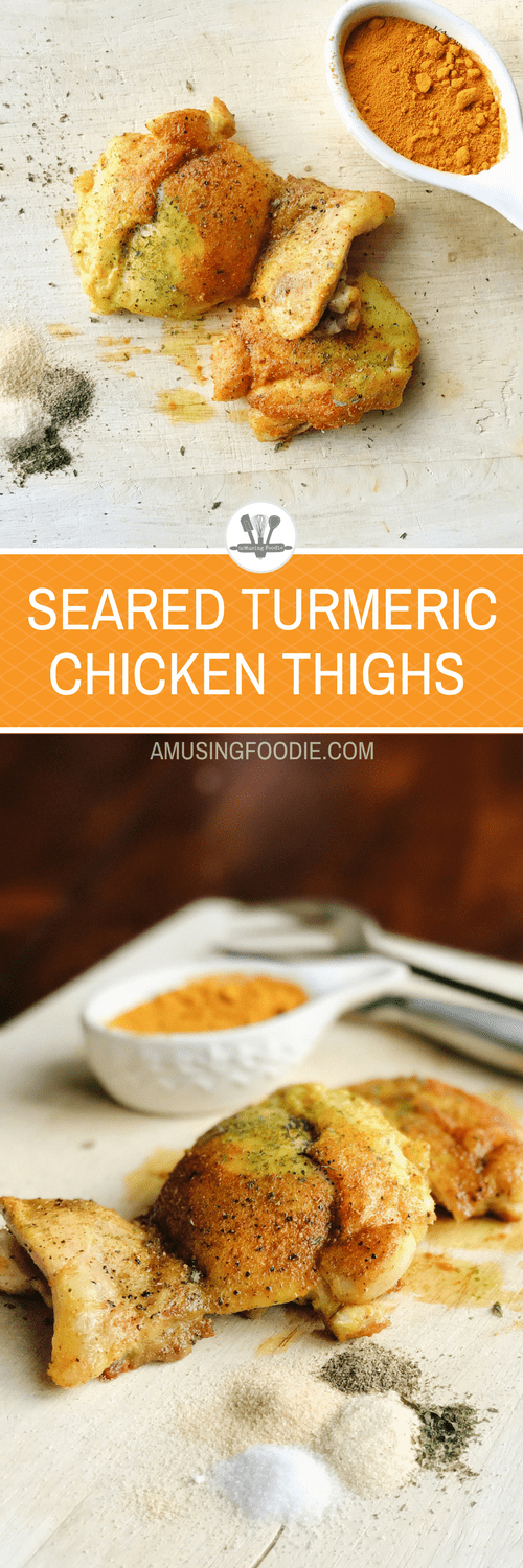These seared turmeric chicken thighs are ready in 15 minutes and full of deep and savory flavor!