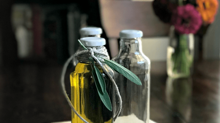 These bottles are perfect for storing sage infused olive oil to flavor sauces, roast chicken and turkey, or just to use for dipping your favorite crusty bread!