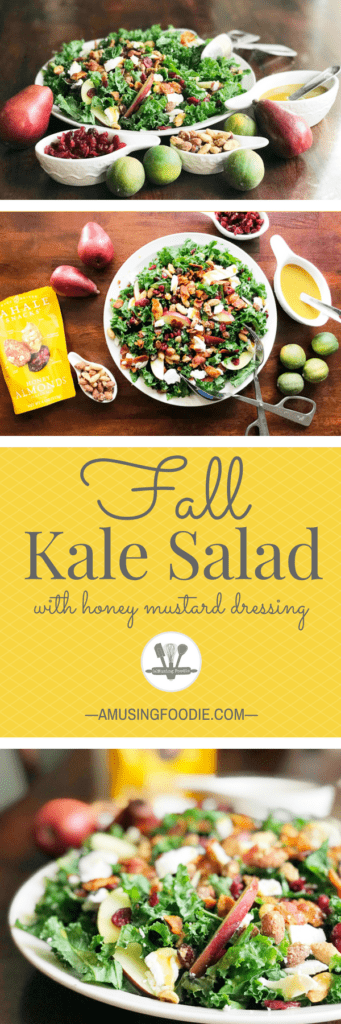 This fall kale salad is topped with Sahale Snacks Honey Almonds Glazed Mix, full of dried cranberries, sliced red pears, crispy bacon, honey goat cheese and a hint of lime juice. A simple homemade honey mustard dressing drizzled on top adds a final sweet and savory note. Yum! #changesnackingforgood #salad #kalesalad #holidaysalad
