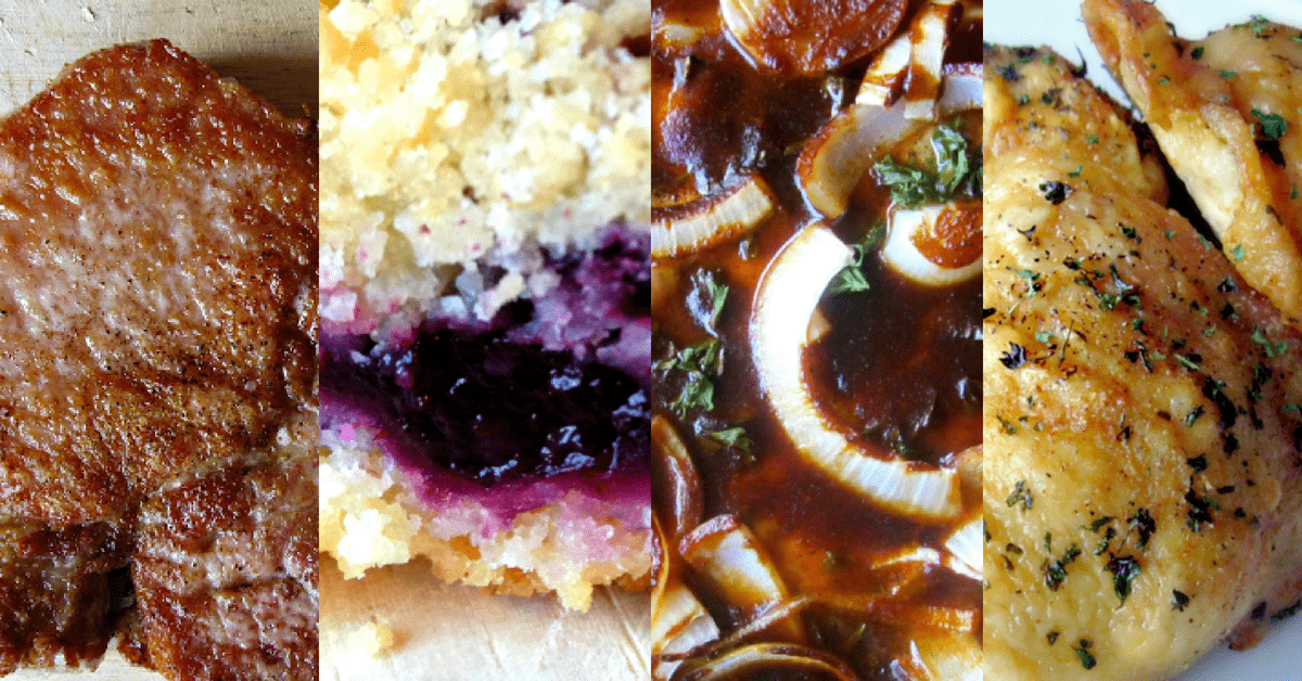 Savory comfort food favorites: steak, blueberry muffin, rich gravy, and seasoned chicken.