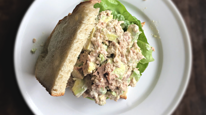 This avocado tuna salad is creamy and delicious, with just the right amount of salt and tang. Perfect eaten on toasted sour dough bread or atop a piece of butter lettuce!