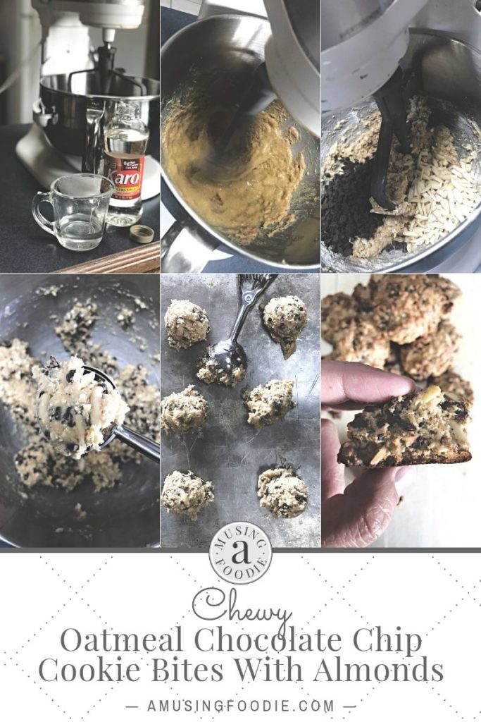 Steps for making chewy oatmeal chocolate chip cookie bites with almonds.