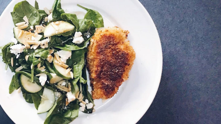 Panko crusted chicken with spinach salad and homemade vinaigrette.