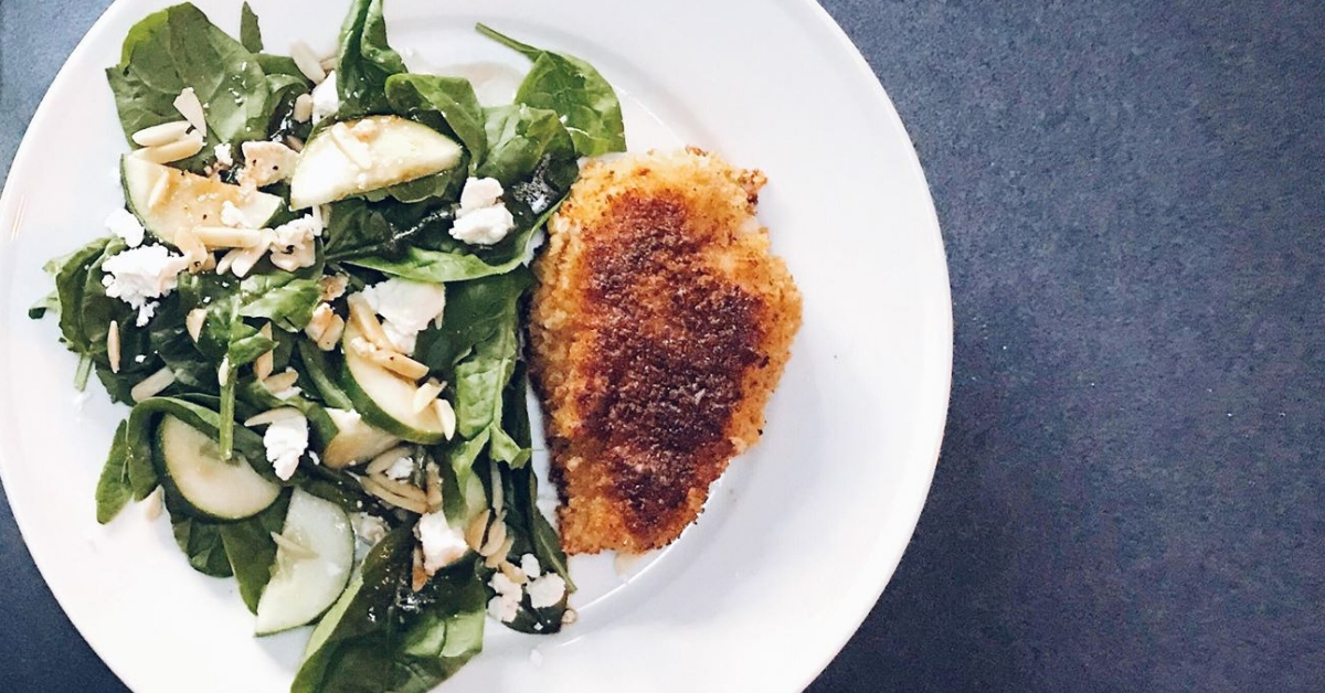 Panko crusted chicken with spinach salad and homemade vinaigrette.