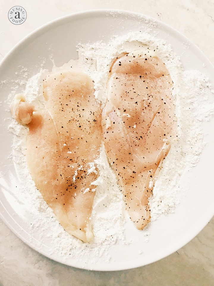 Thinly sliced chicken breasts dredged in flour and corn starch mix.