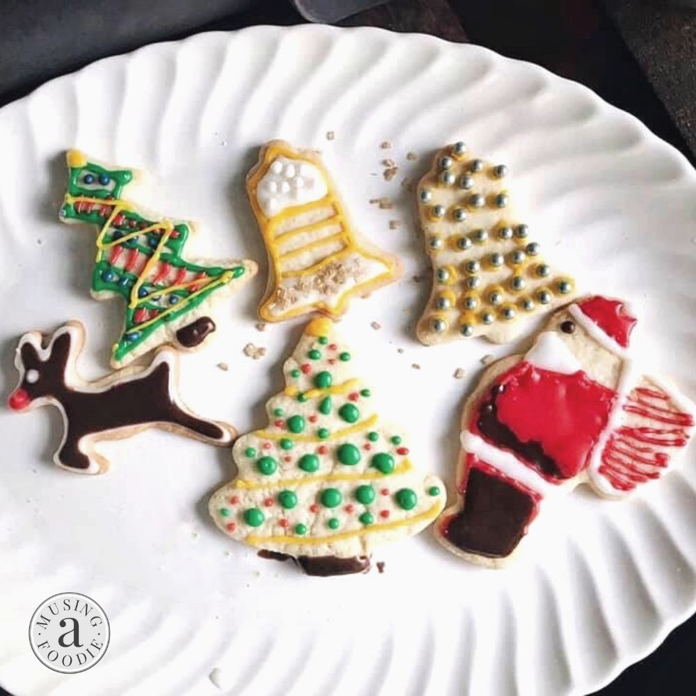 Easy Christmas cookies decorated on a platter.